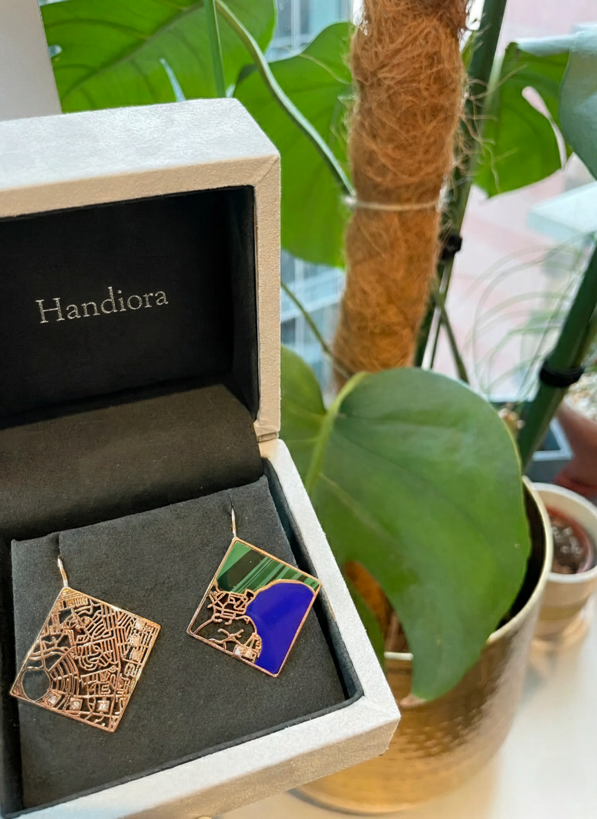 Gold and blue earrings in a Handiora box with plants in the background