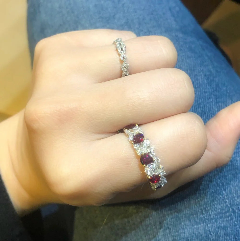 Ruby and diamond 3/4 ring stacked with a bridal set