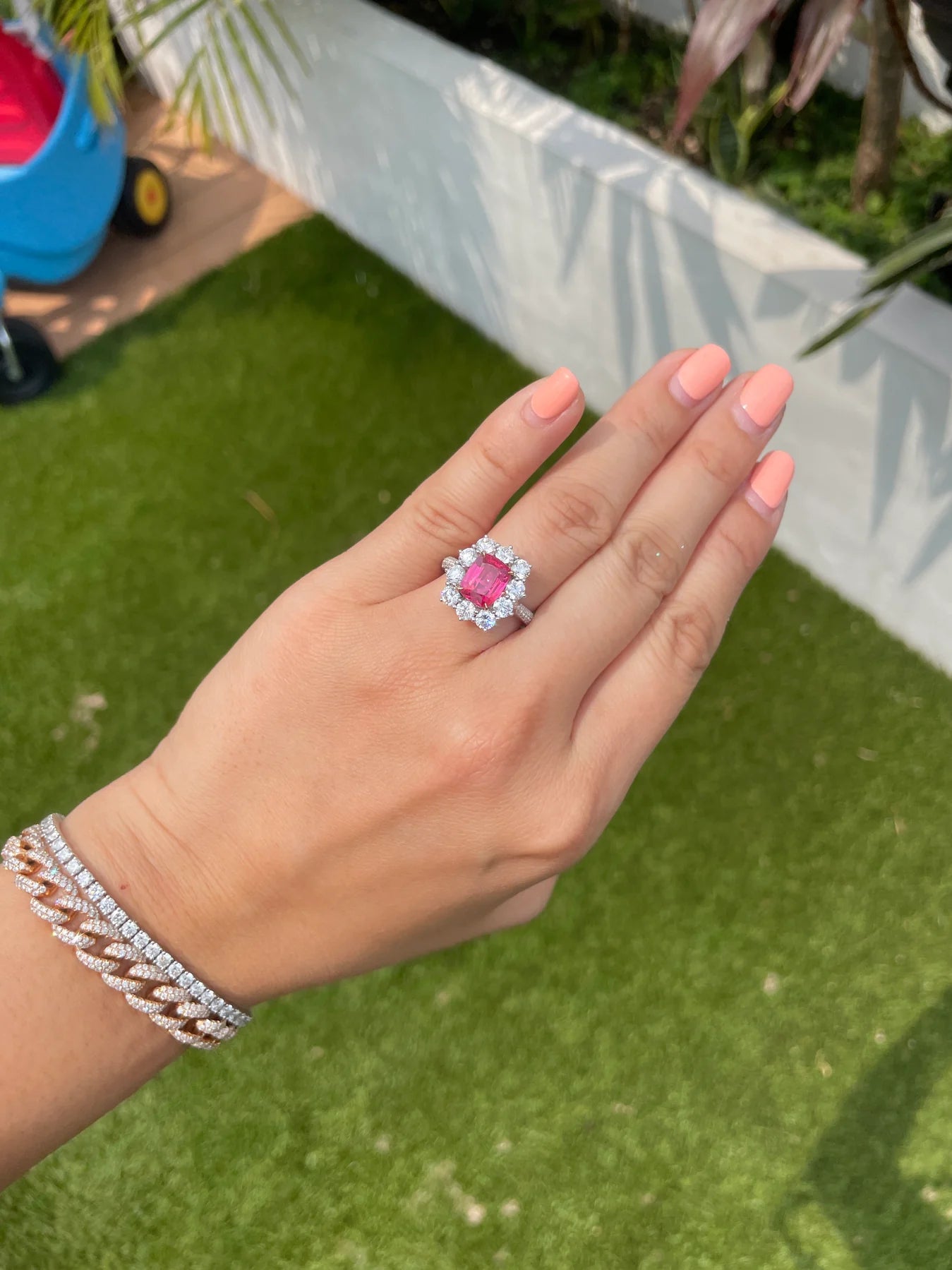Neon Red Spinel & Diamond Ring
