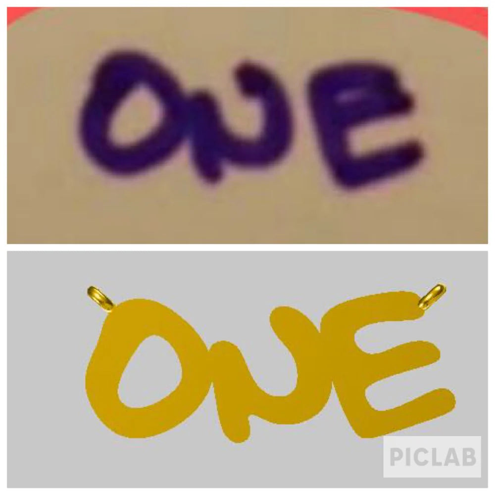 Two 'ONE' text samples, one in purple on a beige background and another in gold on a gray background.