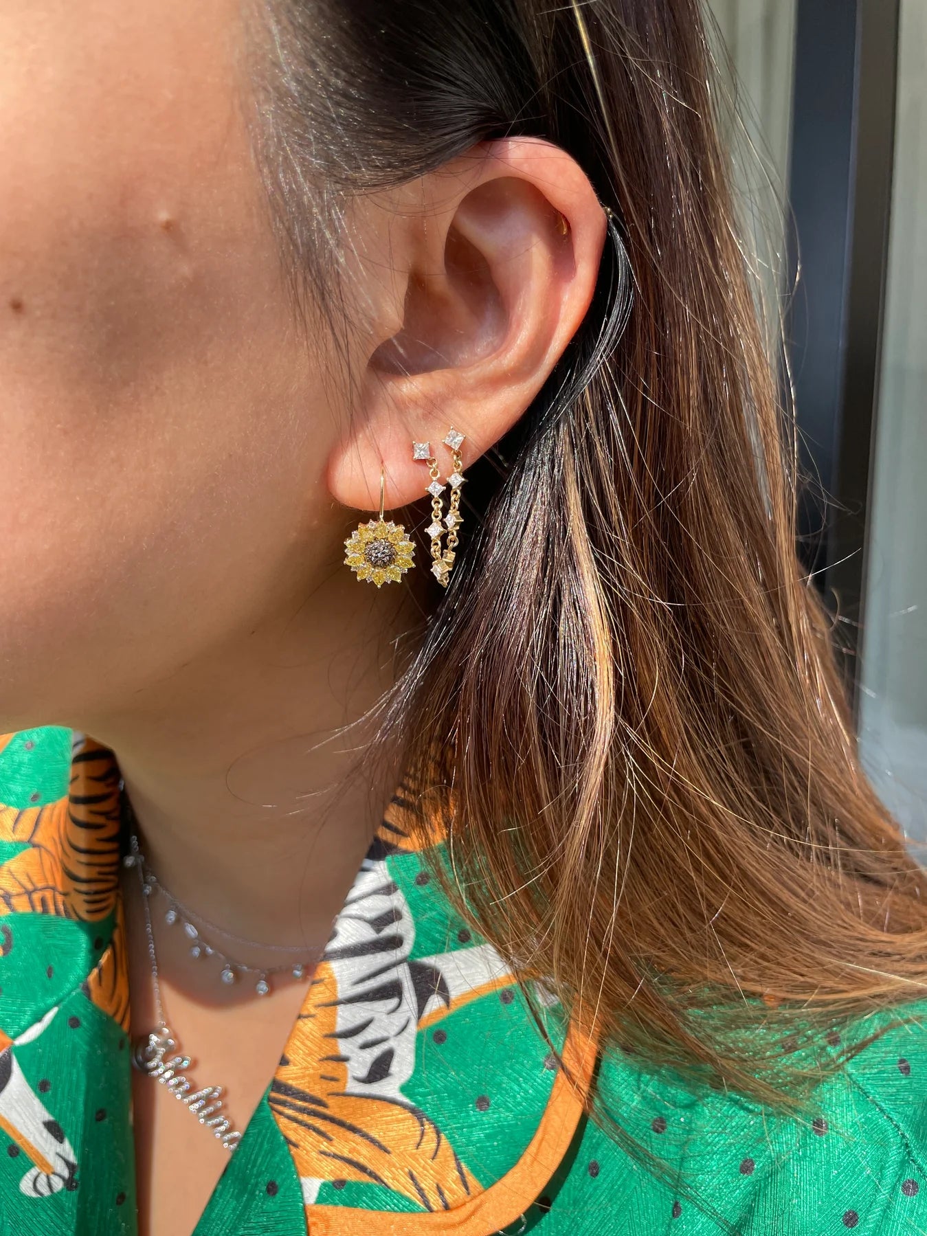 Vivid Yellow & Brown Diamond Sunflower Earrings