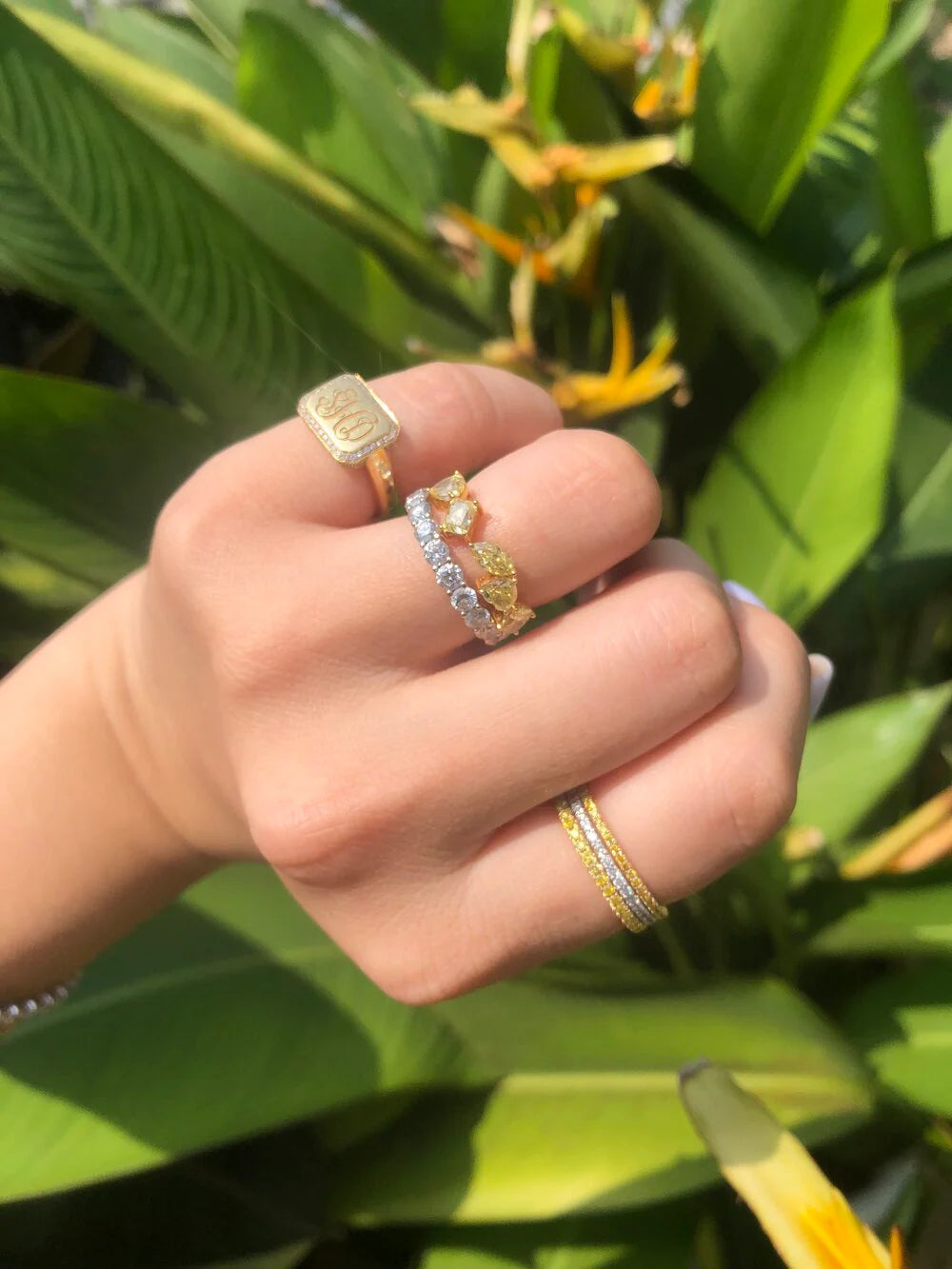 Hand wearing multiple rings with a tropical plant background