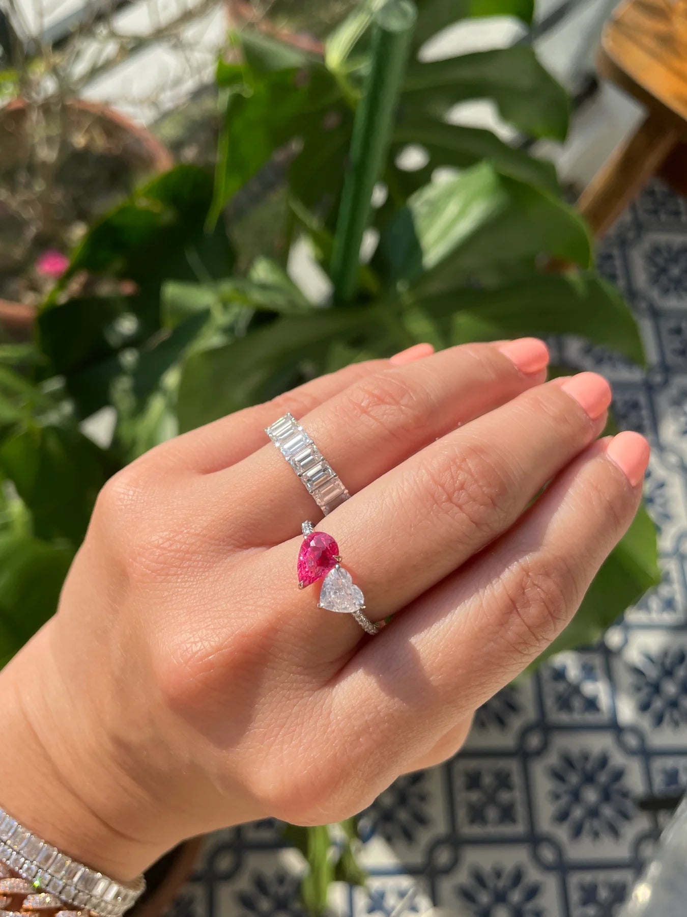 Neon Pink Spinel & Fancy White Diamond Two Stone Ring