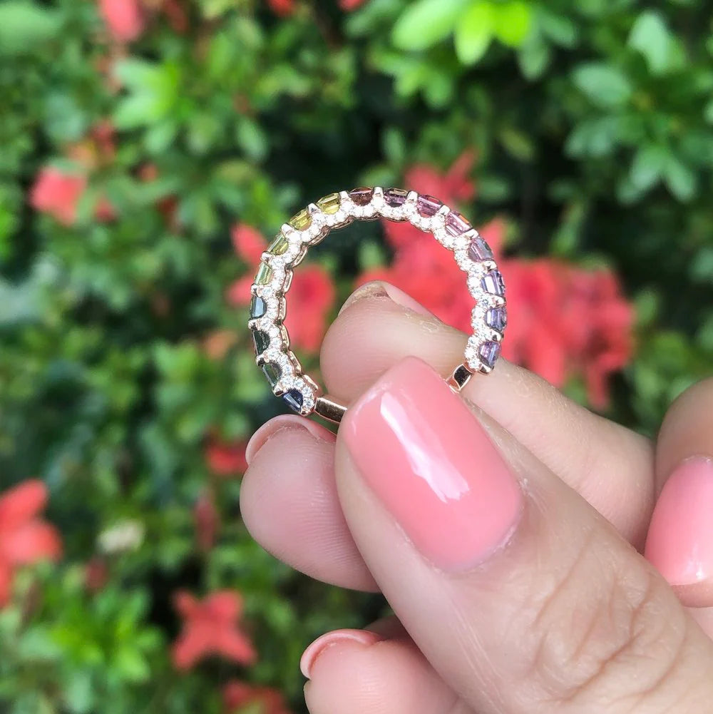 18K Yellow Gold Mini Rainbow Sapphire & Diamond 3/4 Band