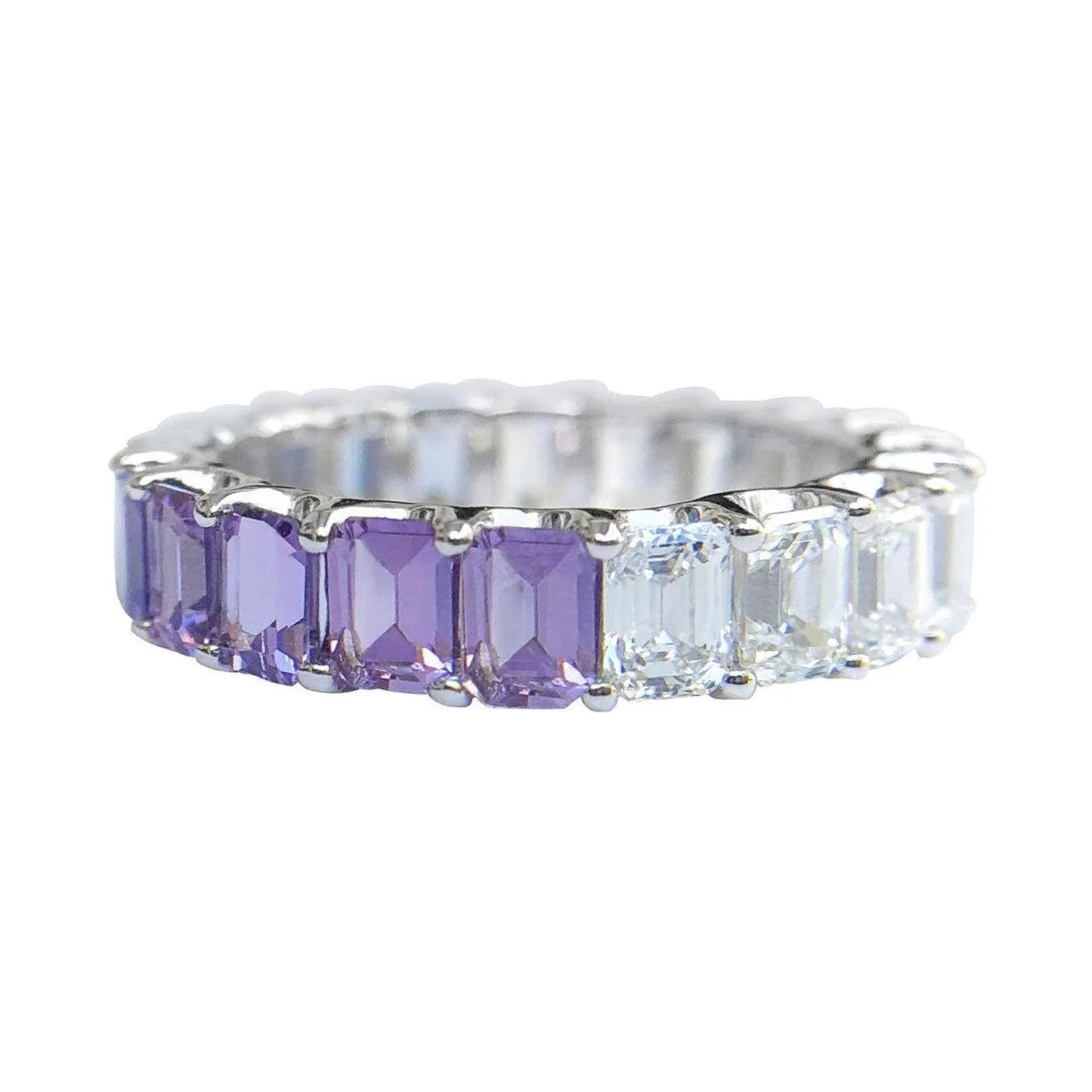 Signature Yin Yang Emerald Cut Eternity Ring with Rainbow Sapphires and Diamonds