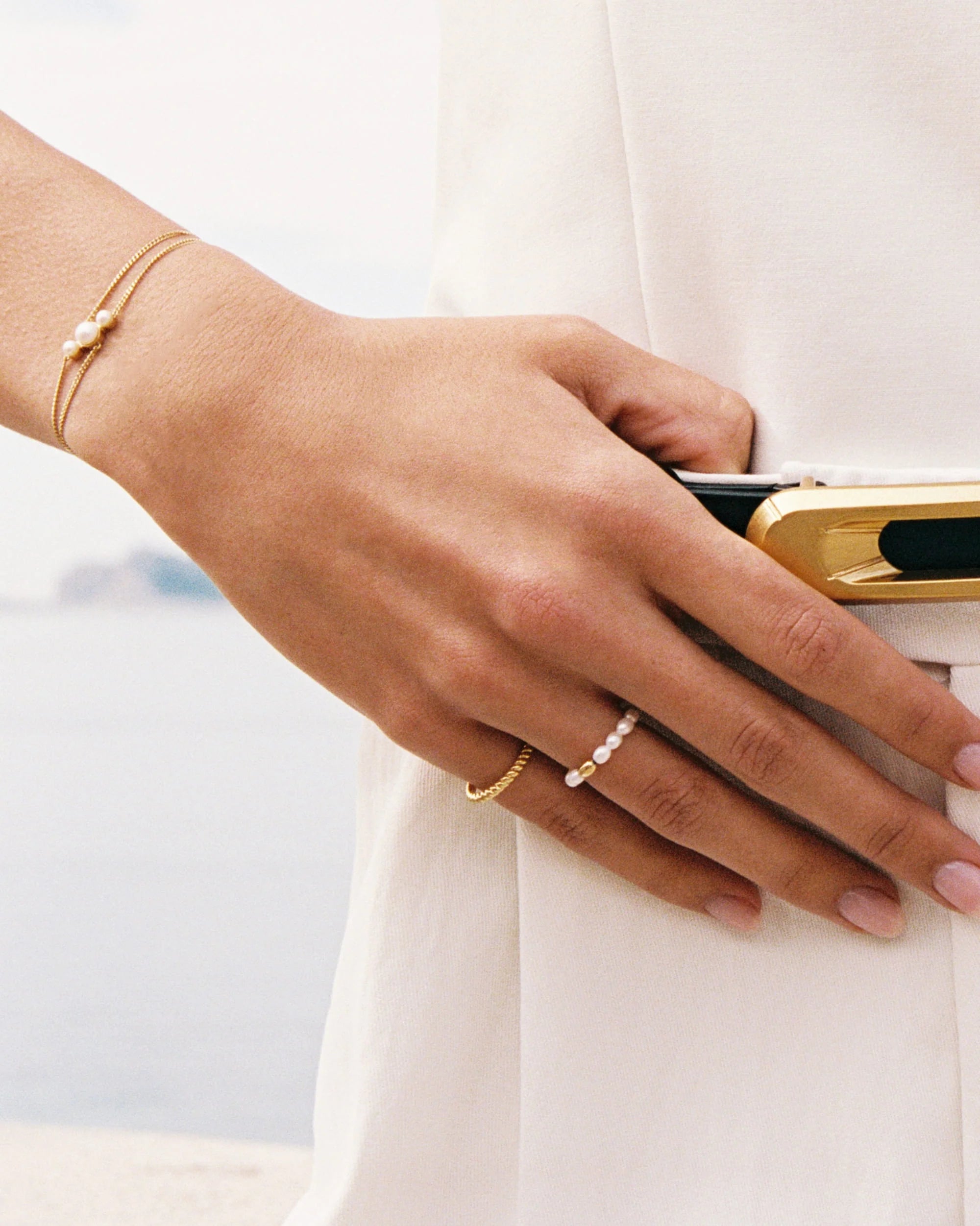 Trilogie Asymmetric Freshwater Pearl Double Chain Bracelet in 18K Gold Vermeil by Handiora