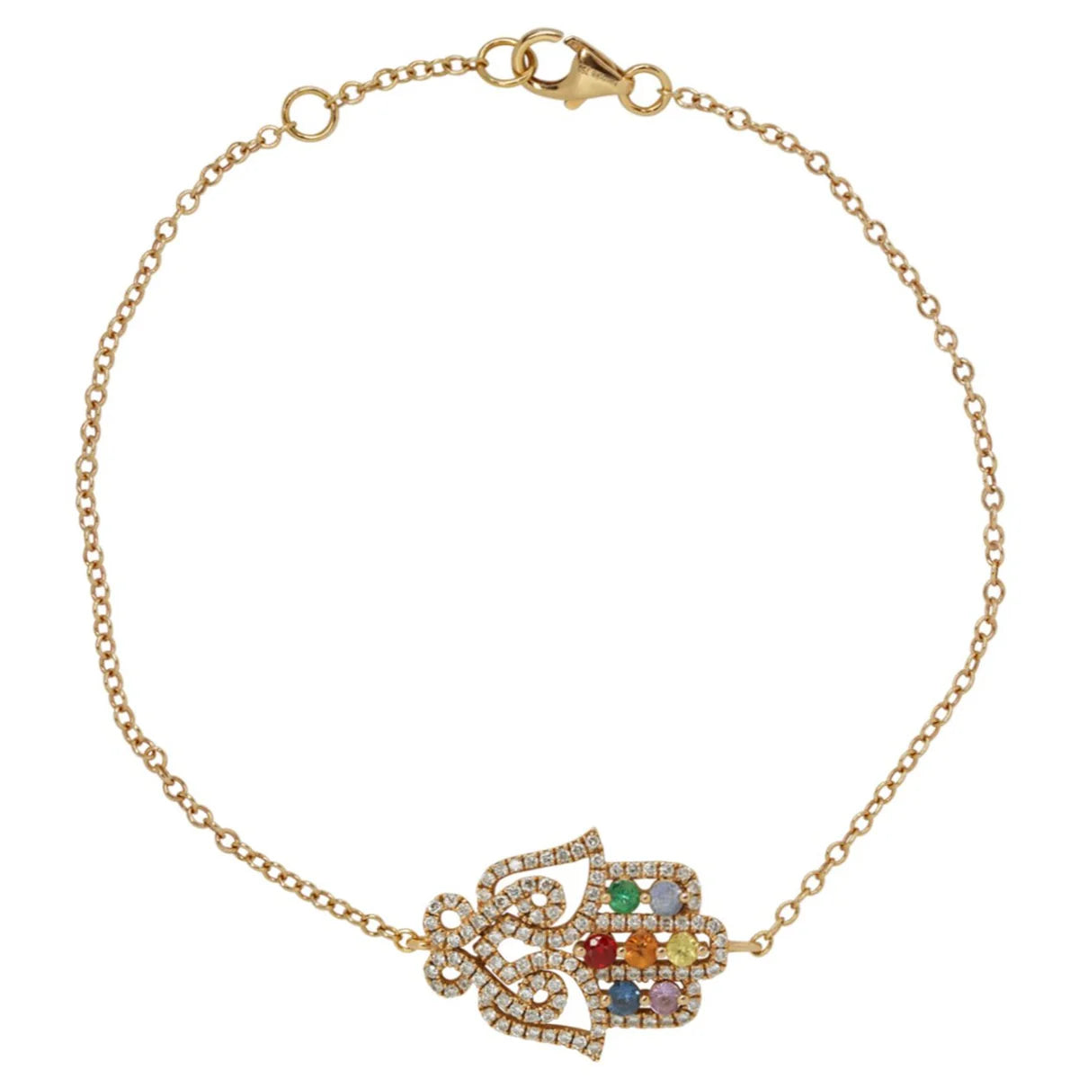 Gold bracelet with a colorful charm on a white background