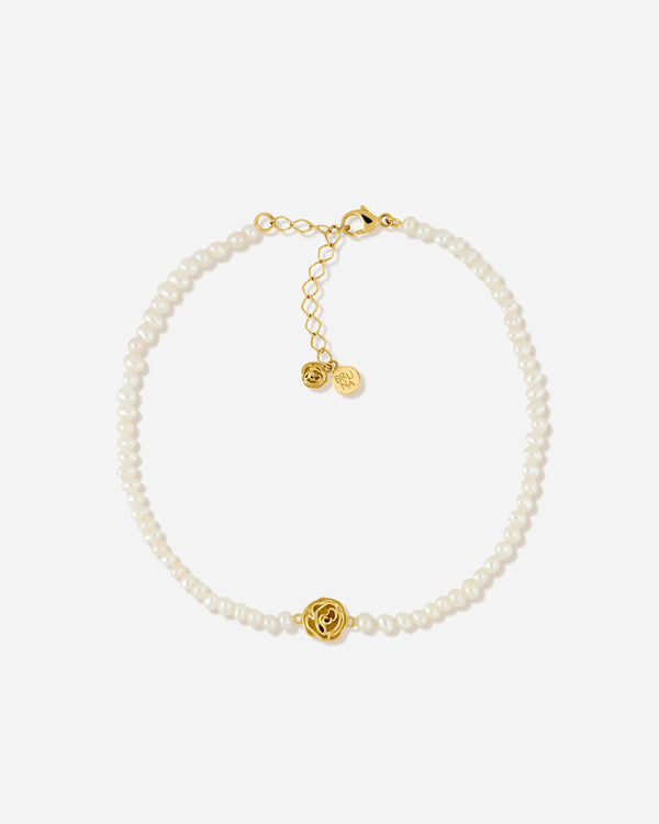 Biarritz Romantic Freshwater Pearl Anklet with Rose Charm in 18K Gold Vermeil by Handiora