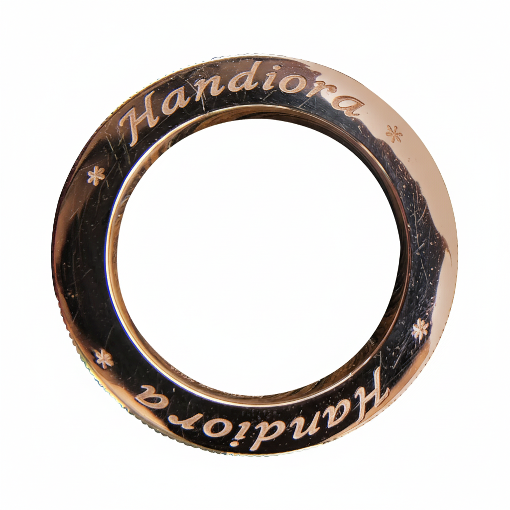 Round metallic object with 'Handiora' branding on a white background