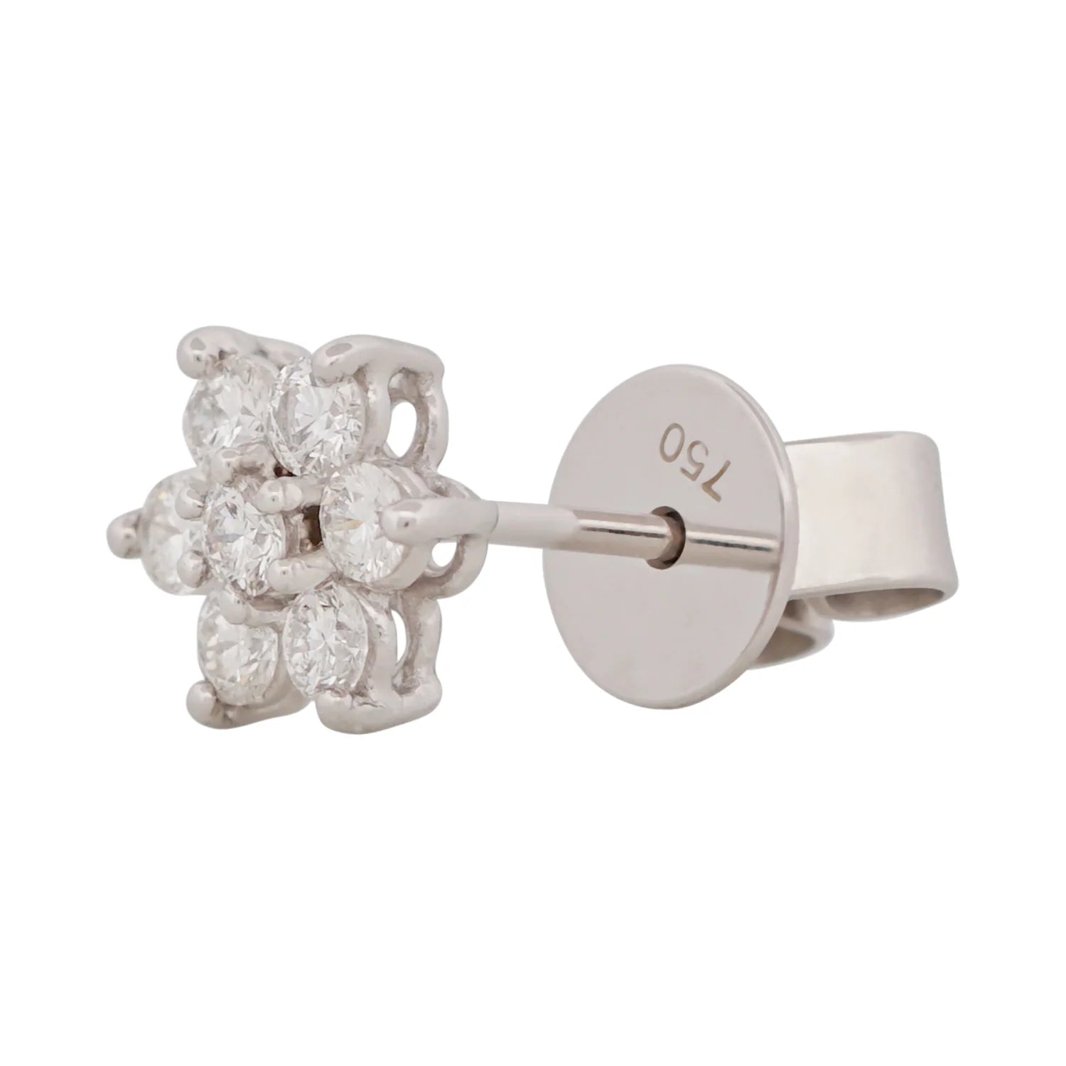Silver earring with diamond-like stones on a white background